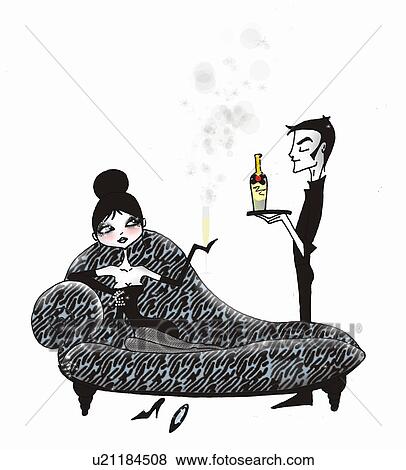 Stock Illustration - Woman on chaise lounge being served a glass of champagne. Fotosearch