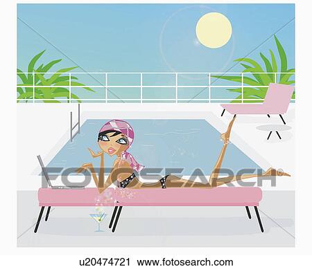 Clip Art - Woman on chaise lounge by the pool with her laptop. Fotosearch