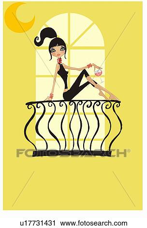 Clip Art - Woman posing on a balcony rail with her drink. Fotosearch