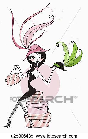 Stock Illustration - Woman sitting on a tower of hat boxes wearing a feather hat. Fotosearch