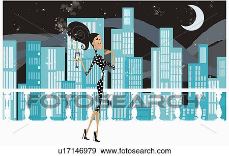 Stock Illustration - Woman standing with a drink on a terrace with a city background. Fotosearch