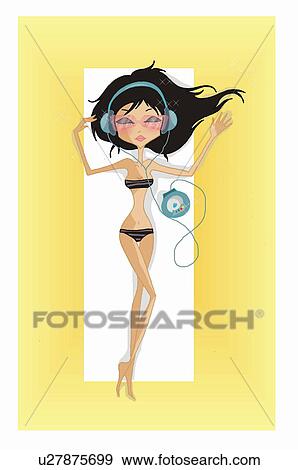 Woman sunbathing listening to music View Large Illustration Stock Illustration - Woman sunbathing listening to music. Fotosearch