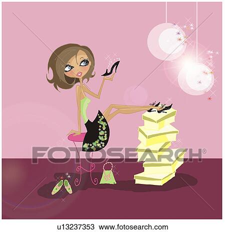 Drawing - Woman trying high heels on a tower of shoe boxes. Fotosearch