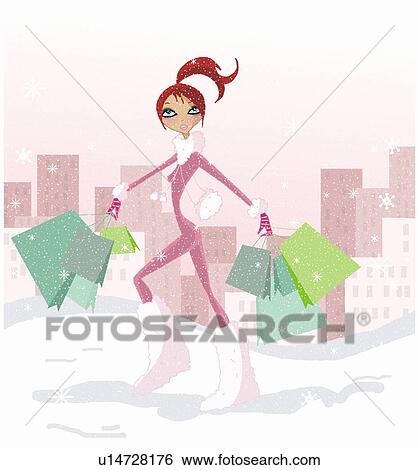 Woman walking in the snow with many shopping bags View Large Illustration Stock Illustration - Woman walking in the snow with many shopping bags. Fotosearch