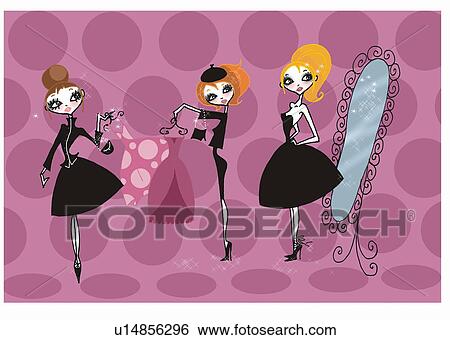 Women trying on dress View Large Illustration Stock Illustration - Women trying on dress. Fotosearch