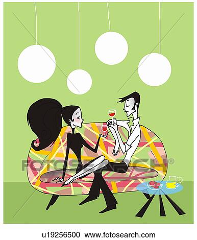 Clipart - Young couple sitting on sofa with wine glasses. Fotosearch