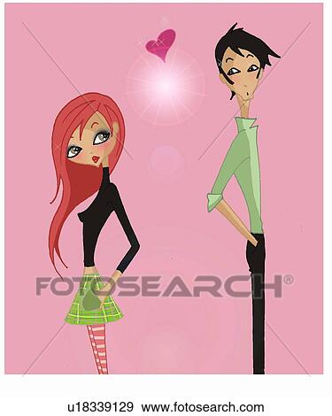 Stock Illustration - Young man and woman sparking a heart between them. Fotosearch