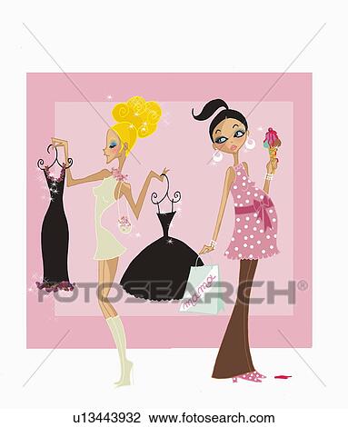 Drawing - Young pregnant woman shopping next to slim blonde. Fotosearch