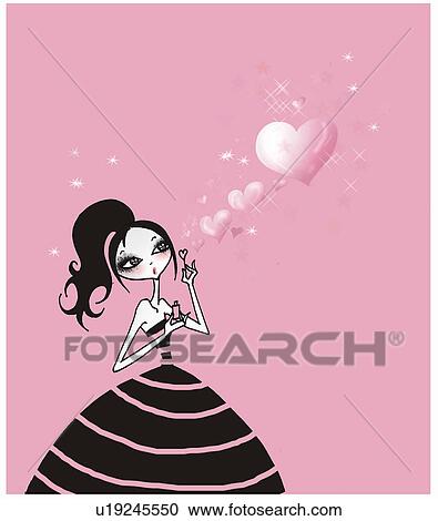 Clipart - Young woman blowing heart bubbles. Fotosearch