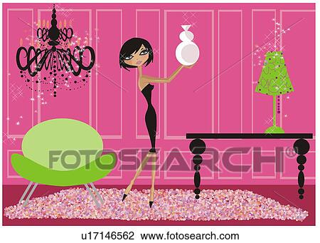 Drawing - Young woman dressed up placing vase in living room. Fotosearch