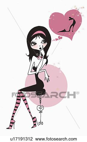 Drawing - Young woman on a stool with a shoe on her mind. Fotosearch
