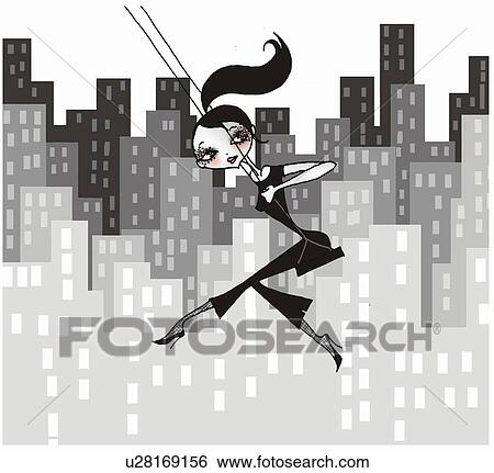 Stock Illustration - Young woman on a swing with city view behind her. Fotosearch