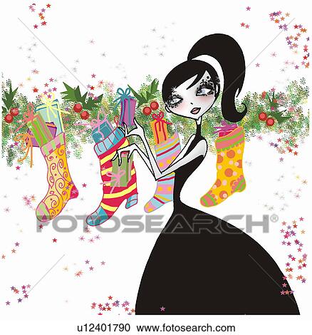 Young woman placing presents in the Christmas stockings View Large Illustration Clipart - Young woman placing presents in the Christmas stockings. Fotosearch
