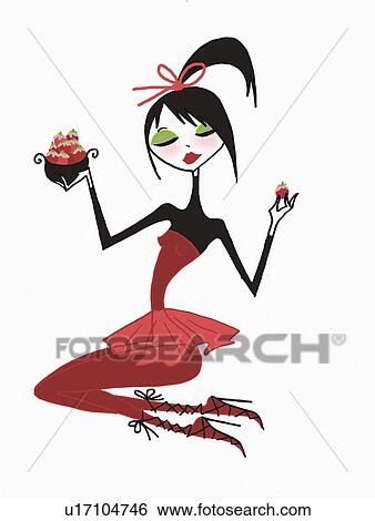 Stock Illustration - Young woman sitting down with a bowl of strawberries. Fotosearch