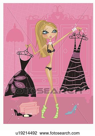 Young woman trying to decide on a dress View Large Illustration Drawing - Young woman trying to decide on a dress. Fotosearch