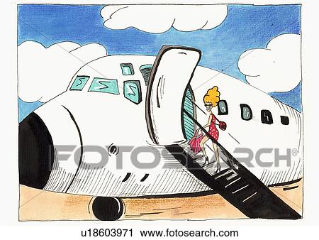 Clip Art - Blonde woman in little red polka dot dress boarding airplane. Fotosearch