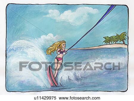 Blonde woman waterskiing View Large Illustration Stock Illustration - Blonde woman waterskiing. Fotosearch