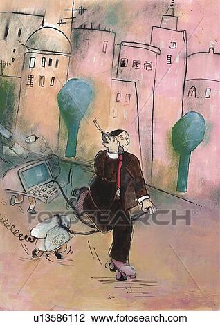 Businessman on rollerskates with phones and computer View Large Illustration Drawing - Businessman on rollerskates with phones and computer. Fotosearch