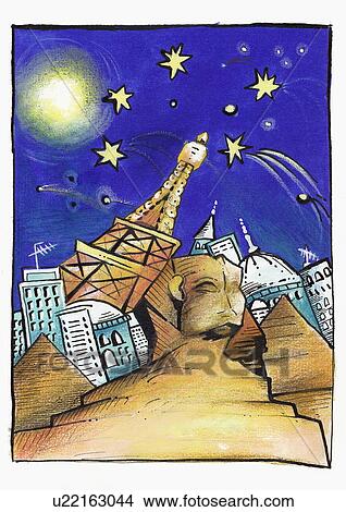 Stock Illustration - Cairo and Paris with a star-studded sky lit by the moon. Fotosearch
