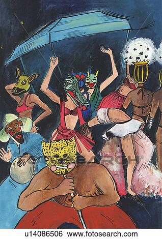 Carnival goers in costume celebrating View Large Illustration Stock Illustration - Carnival goers in costume celebrating. Fotosearch