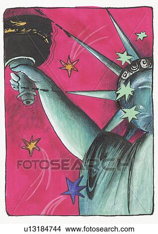 Stock Illustration - Closeup of the Statue of Liberty in New York with a starry sky. Fotosearch
