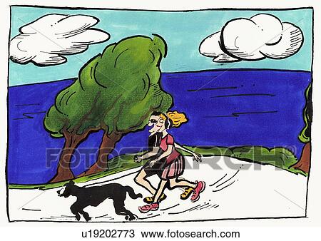 Drawing - Couple jogging with their dog by the sea. Fotosearch