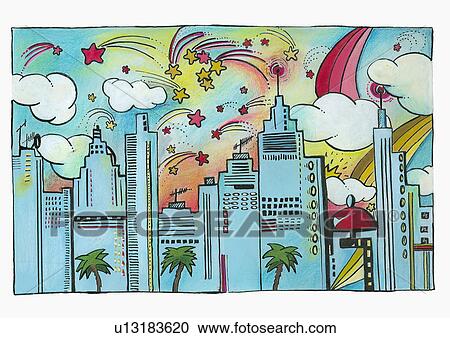 Evening skyline with many crazy shooting stars View Large Illustration Clipart - Evening skyline with many crazy shooting stars. Fotosearch