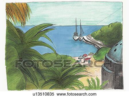 Stock Illustration - Island beach scene with sailboats in background. Fotosearch