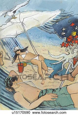 Clipart - Man and woman on lounge chairs under umbrella on the beach. Fotosearch
