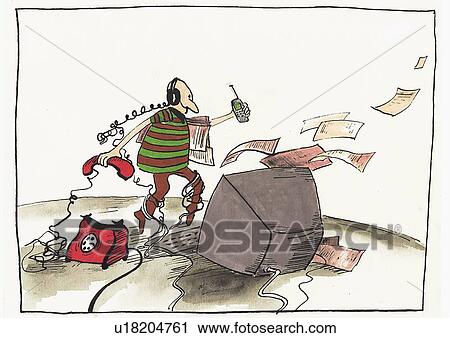 Clip Art - Man wrapped up in wires and various technology. Fotosearch
