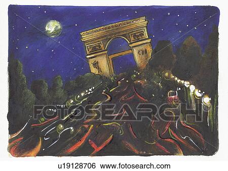 Night scene of lit Arc de Triomphe at the end of Champs-Elysees View Large Illustration Stock Illustration - Night scene of lit Arc de Triomphe at the end of Champs-Elysees. Fotosearch
