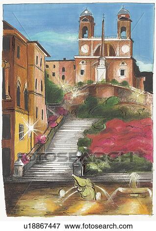 Stock Illustration - Rome's Spanish Steps lit at night with the church Trinita dei Monti at the top. Fotosearch
