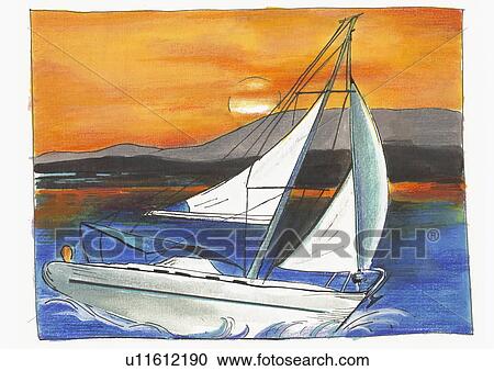 Clipart - Sailboat in the water at sunset. Fotosearch