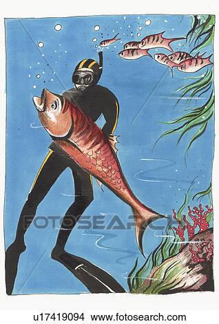 Stock Illustration - Scuba diver catching a big fish. Fotosearch
