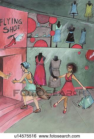 Shoppers running into a fashion store View Large Illustration Stock Illustration - Shoppers running into a fashion store. Fotosearch