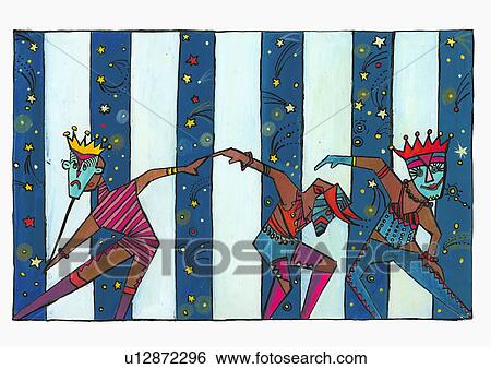 Stock Illustration - Three carnival performers on stage. Fotosearch
