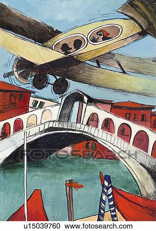 Clipart - Tourists in small plane flying over Rialto Bridge at Venice's Grand Canal. Fotosearch