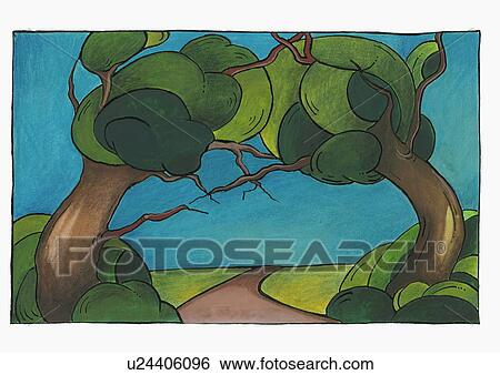 Stock Illustration - Two trees joined together over country road. Fotosearch