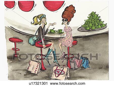 Clip Art - Two women at cafe after shopping trip. Fotosearch