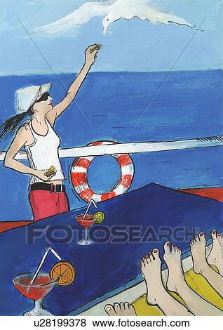 Stock Illustration - Woman on deck of cruise boat feeding seagull. Fotosearch