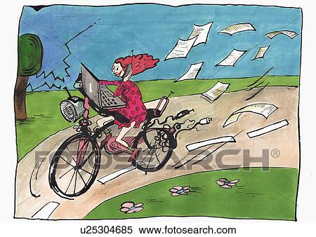 Woman riding bike with laptop and phone with papers flying View Large Illustration Stock Illustration - Woman riding bike with laptop and phone with papers flying. Fotosearch