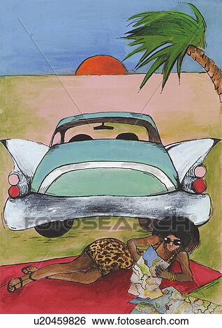 Stock Illustration - Woman taking a break next to her car looking at map. Fotosearch