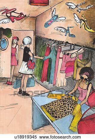 Women shopping in a clothing store View Large Illustration Stock Illustration - Women shopping in a clothing store. Fotosearch