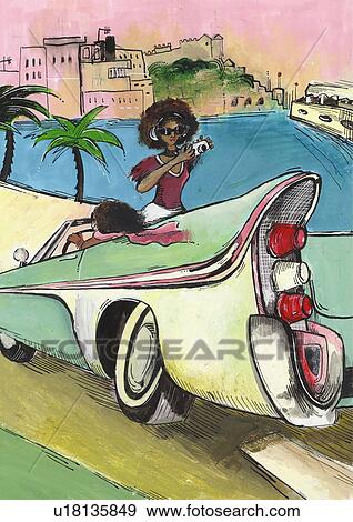 Stock Illustration - Young woman with a camera standing up in the passenger seat of an old classic American convertible. Fotosearch