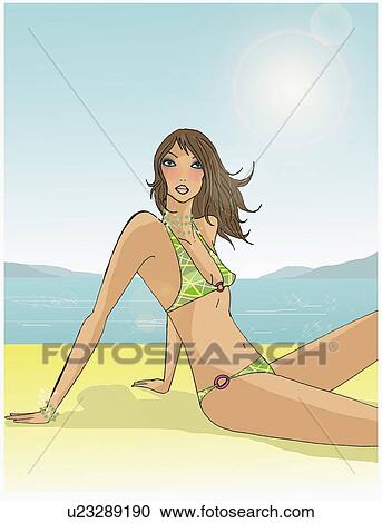 ブルネット ビーチの上に座る ポーズを取る 中に 彼女 ビキニ クリップアート 切り張り イラスト 絵画 集 U Fotosearch