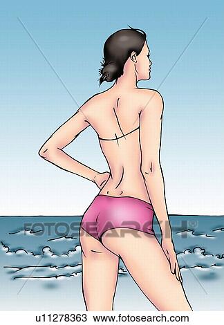 Back side of woman on beach View Large Illustration Drawing - Back side of woman on beach. Fotosearch