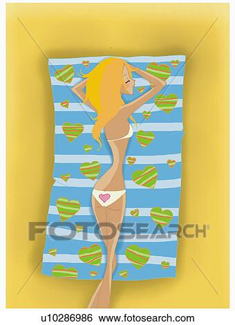Stock Illustration - Blonde lying on beach towel. Fotosearch