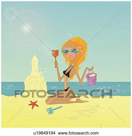 Stock Illustration - Blonde on the beach building a sandcastle. Fotosearch