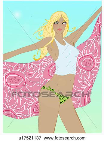 Stock Illustration - Blonde posing in tank and bikini with sash. Fotosearch