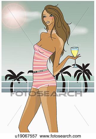 Stock Illustration - Brunette with summer shorts and halter top with drink in her hand. Fotosearch